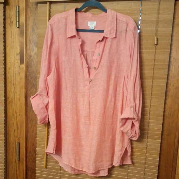 Sigrid Olsen Tops - Sigrid Olsen Salmon-Pink 100% Linen Roll-Tab Tunic